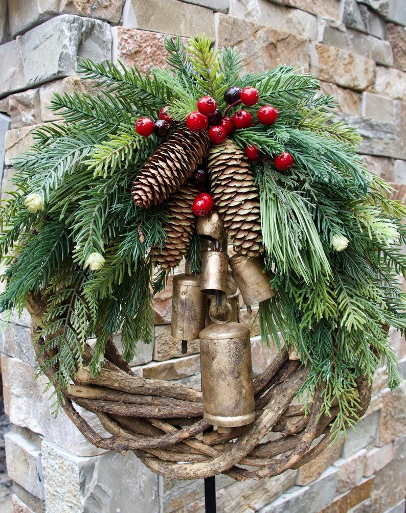 Boho Christmas Wreath on Rustic Vine Base with Pinecones and Golden Bells