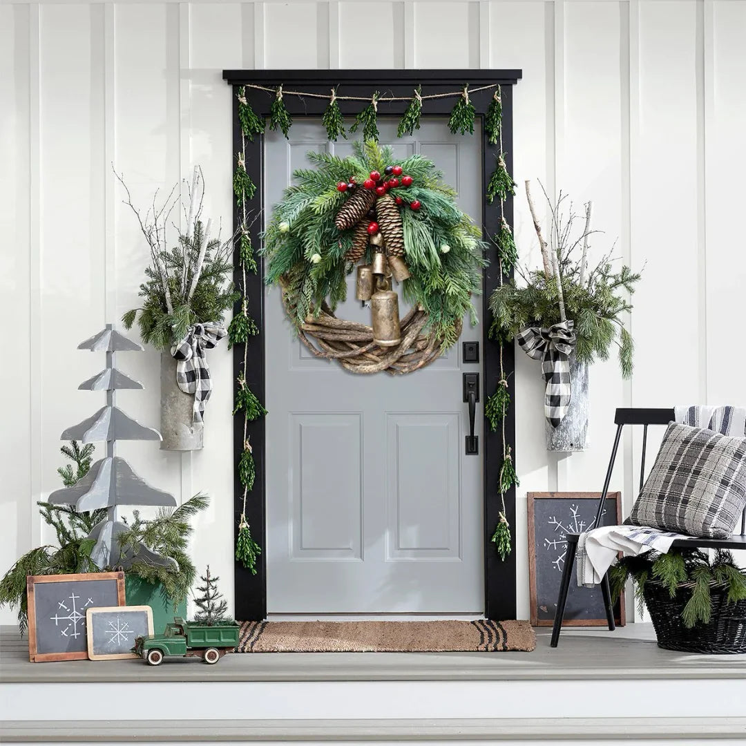 Boho Christmas Wreath on Rustic Vine Base with Pinecones and Golden Bells