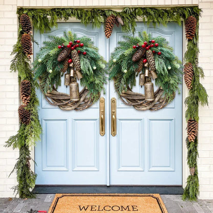 Boho Christmas Wreath on Rustic Vine Base with Pinecones and Golden Bells