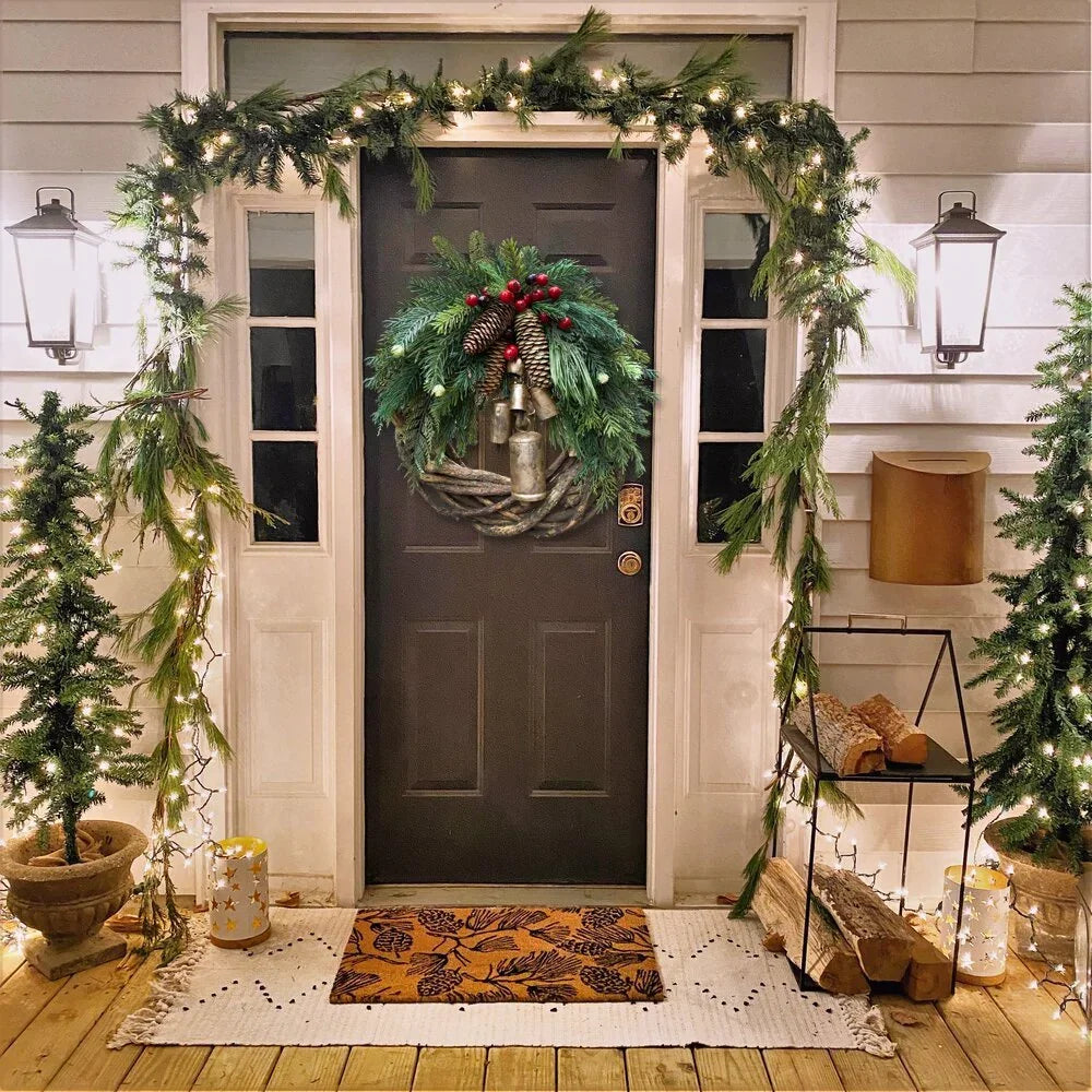 Boho Christmas Wreath on Rustic Vine Base with Pinecones and Golden Bells