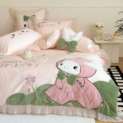 Children's Bedding Set with Embroidered Bunny Motif, Ruffles and Decorative Pillow
