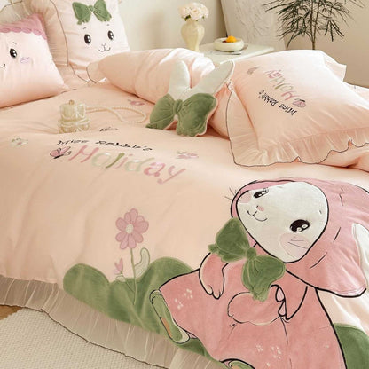 Children's Bedding Set with Embroidered Bunny Motif, Ruffles and Decorative Pillow