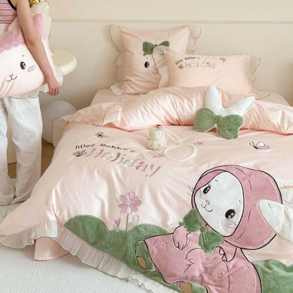 Children's Bedding Set with Embroidered Bunny Motif, Ruffles and Decorative Pillow