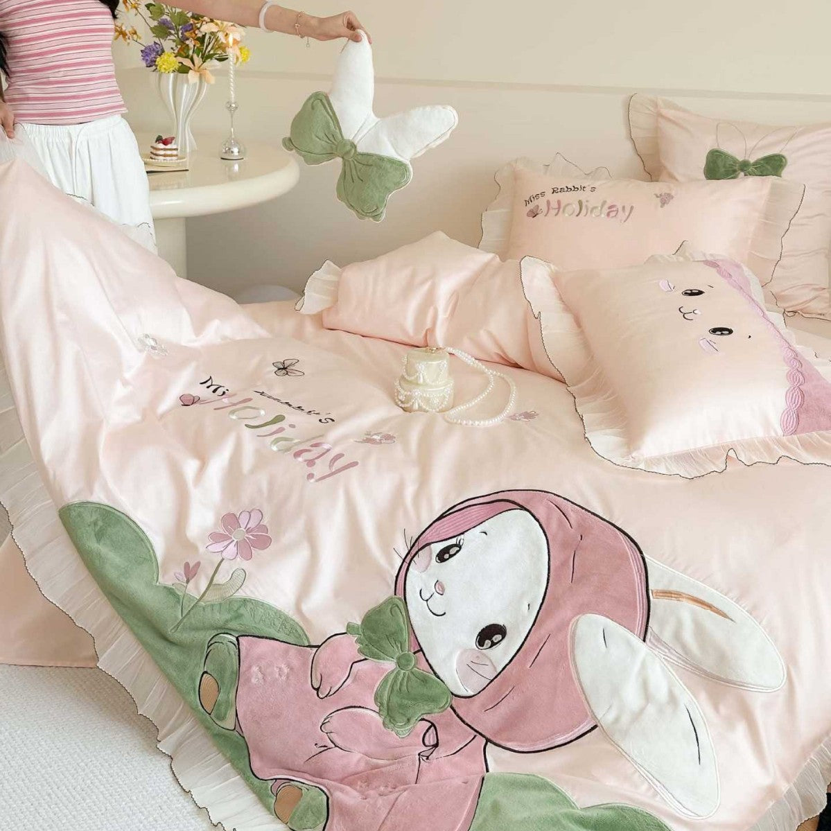 Children's Bedding Set with Embroidered Bunny Motif, Ruffles and Decorative Pillow