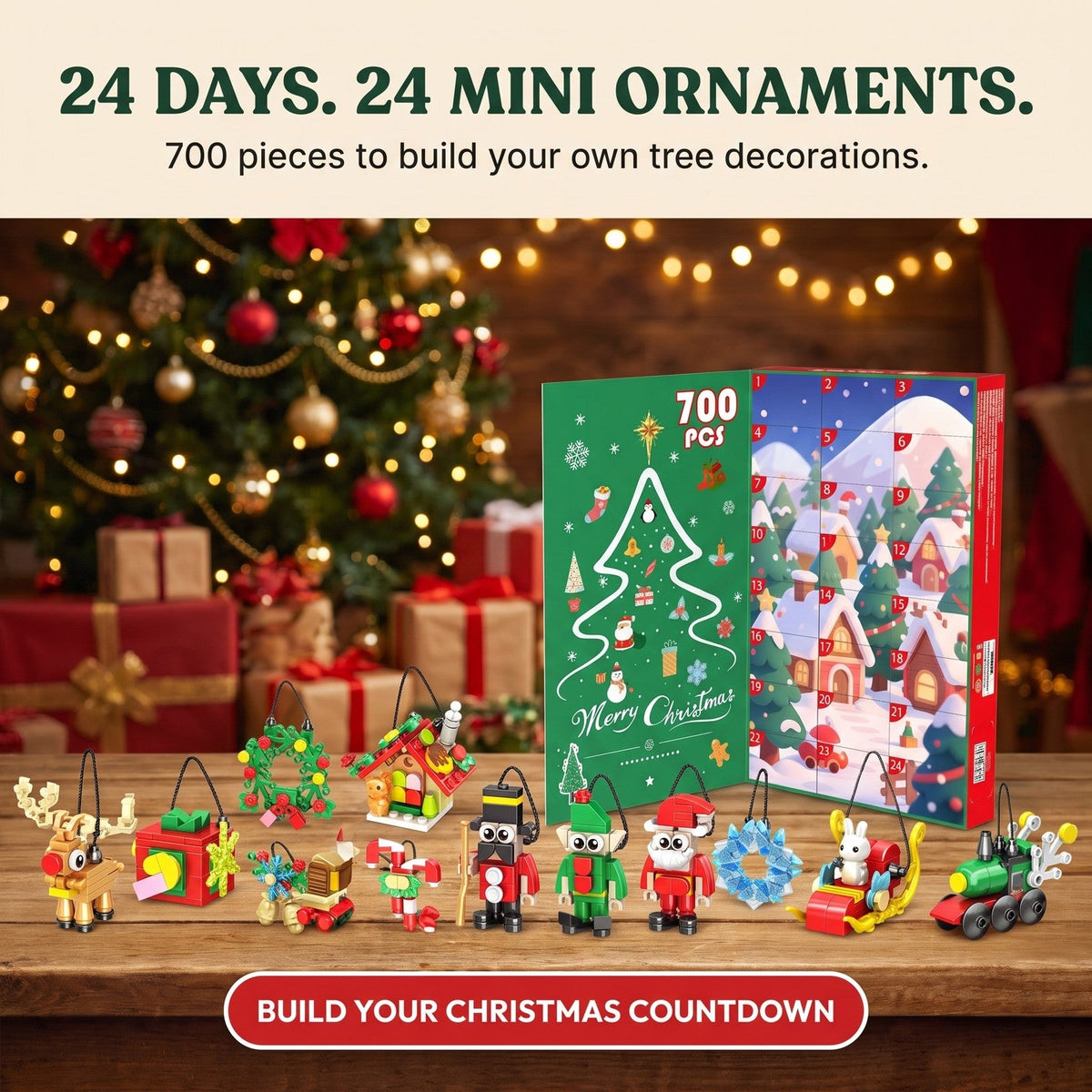Brick Ornament Advent Calendar, 24 Hanging Christmas Builds, 700 Pieces