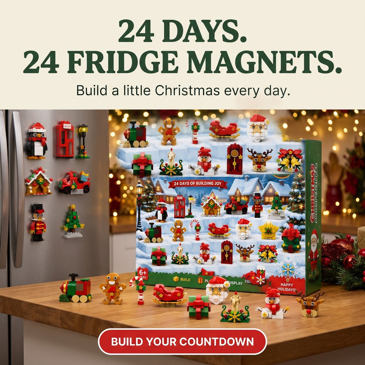 Christmas Fridge Magnet Advent Calendar, 24 Brick Builds for the Kitchen