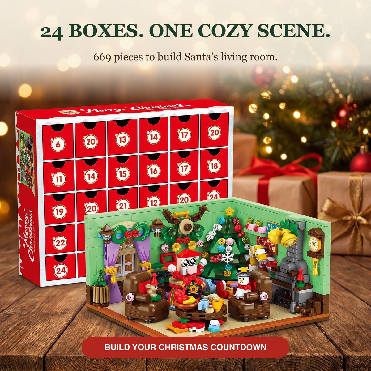 Christmas Living Room Advent Calendar, 669-Piece Brick Scene in 24 Boxes