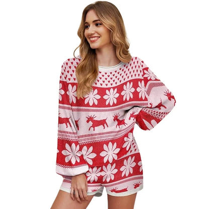 Christmas Pajamas - Knit Shorts Set with Snowflakes