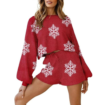 Christmas Pajamas - Knit Shorts Set with Snowflakes