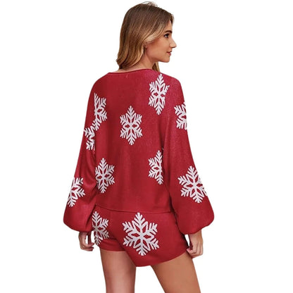 Christmas Pajamas - Knit Shorts Set with Snowflakes