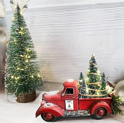 Christmas Red Truck Tabletop Decoration with Bottle Brush Trees and LED Lights