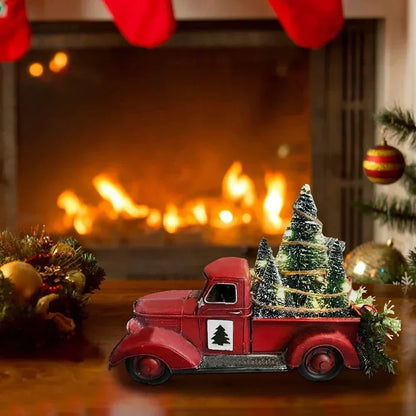Christmas Red Truck Tabletop Decoration with Bottle Brush Trees and LED Lights