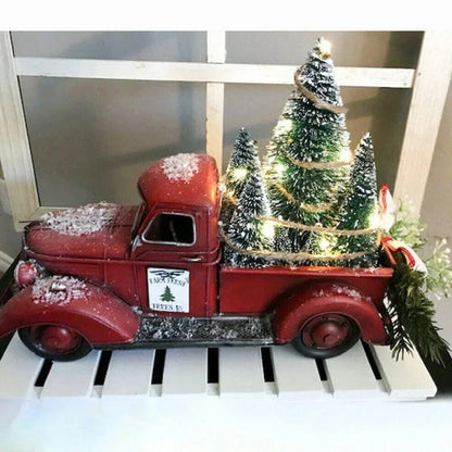 Christmas Red Truck Tabletop Decoration with Bottle Brush Trees and LED Lights