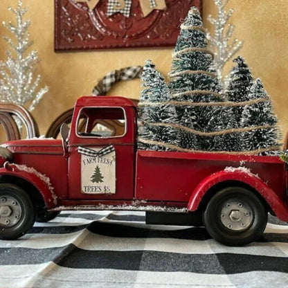 Christmas Red Truck Tabletop Decoration with Bottle Brush Trees and LED Lights