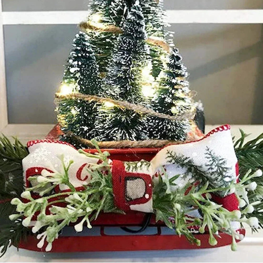Christmas Red Truck Tabletop Decoration with Bottle Brush Trees and LED Lights