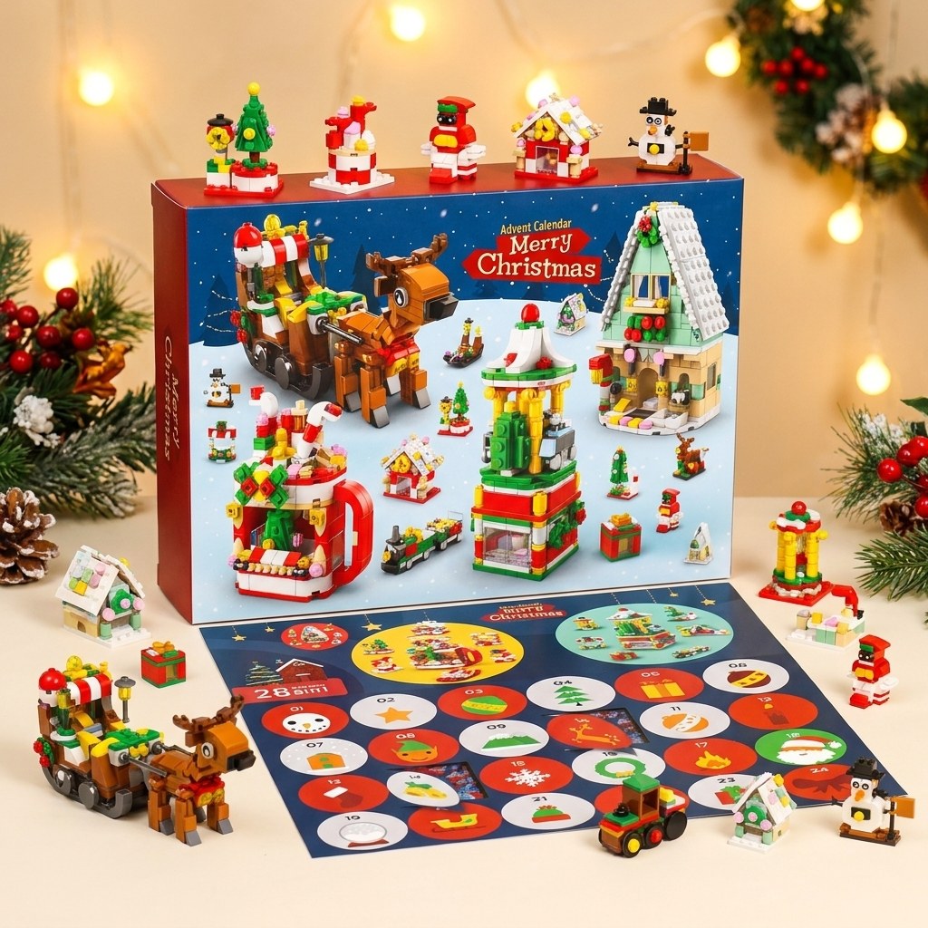 Christmas Village Advent Calendar, 28 Brick Builds, 6 in 1, Three Designs