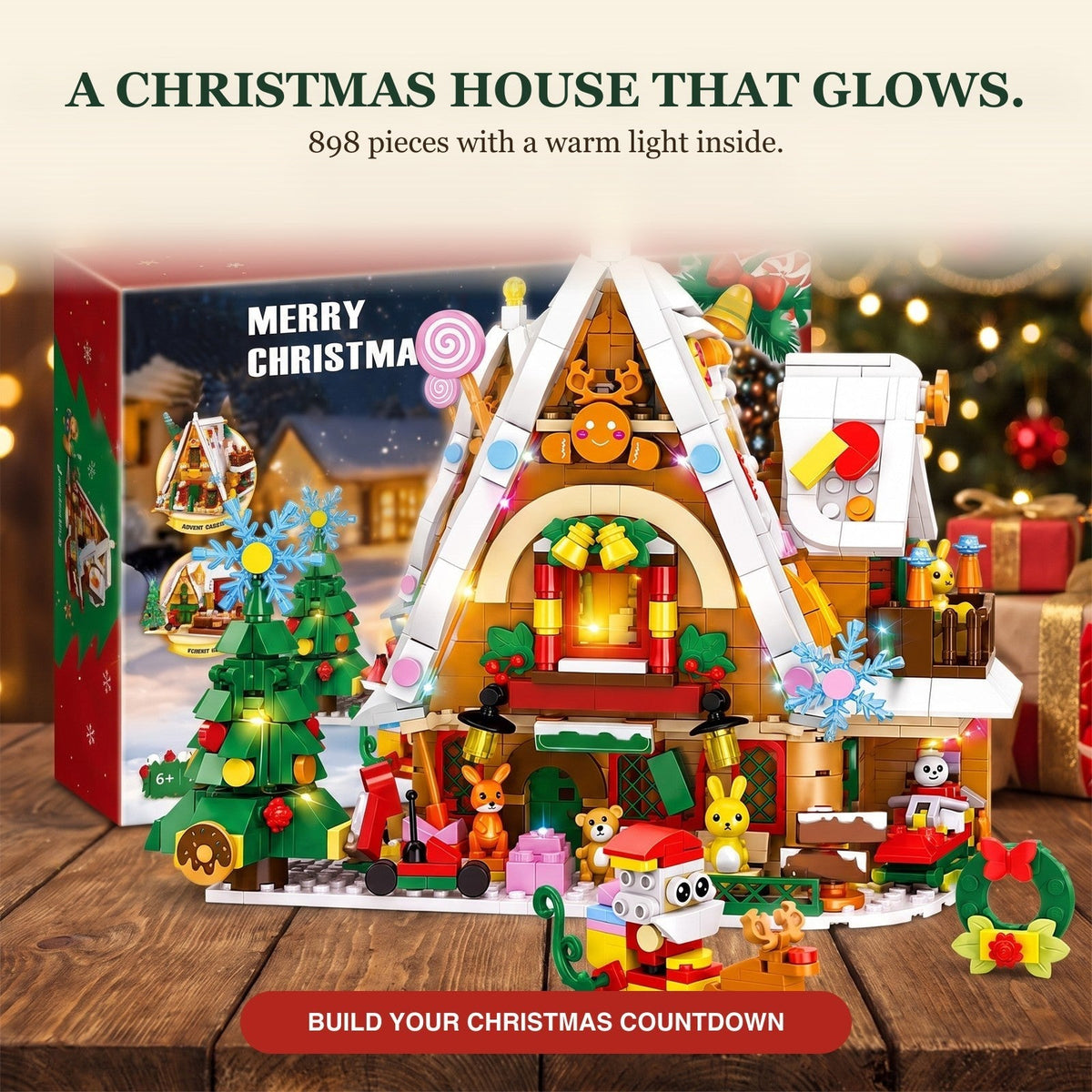 Christmas Snow House Advent Calendar, 898-Piece Brick Set with Light