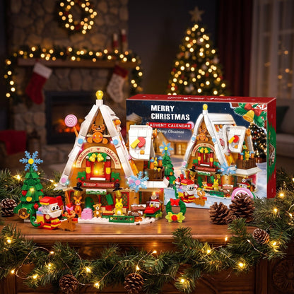 Christmas Snow House Advent Calendar, 898-Piece Brick Set with Light