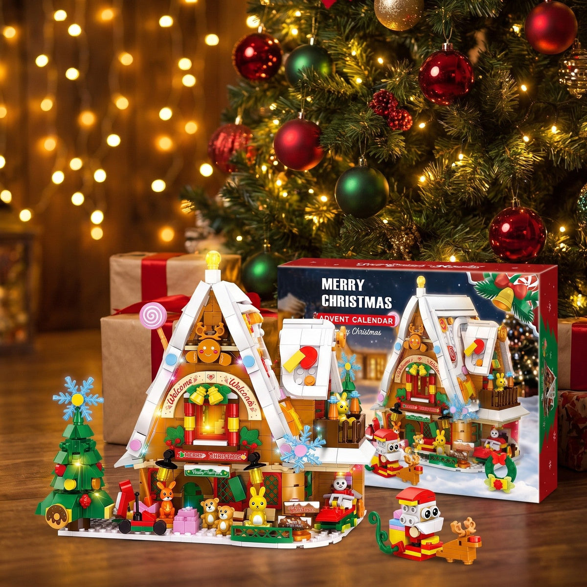 Christmas Snow House Advent Calendar, 898-Piece Brick Set with Light