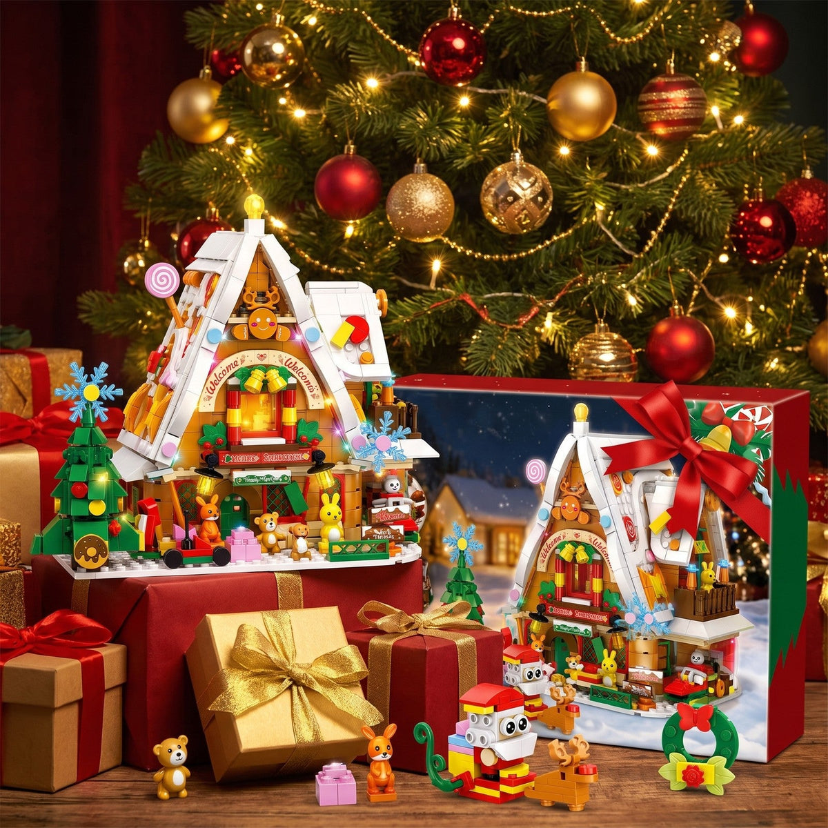 Christmas Snow House Advent Calendar, 898-Piece Brick Set with Light