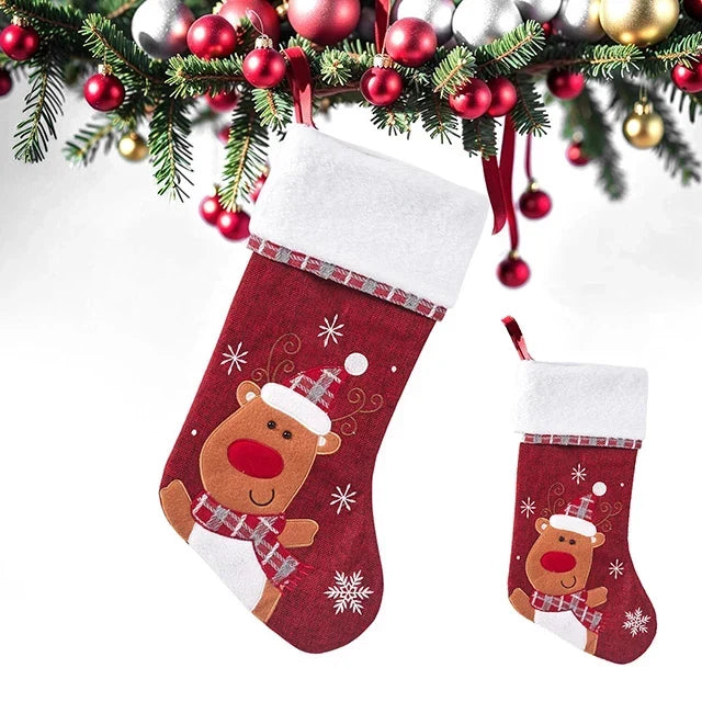 Christmas Stockings with Plush Cuff, Embroidered Snowflakes and Character Appliques
