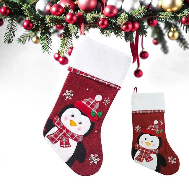 Christmas Stockings with Plush Cuff, Embroidered Snowflakes and Character Appliques