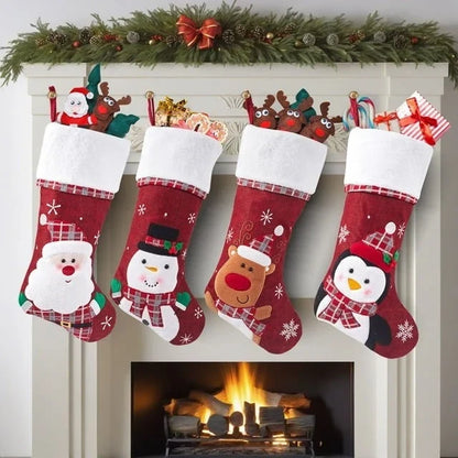 Christmas Stockings with Plush Cuff, Embroidered Snowflakes and Character Appliques