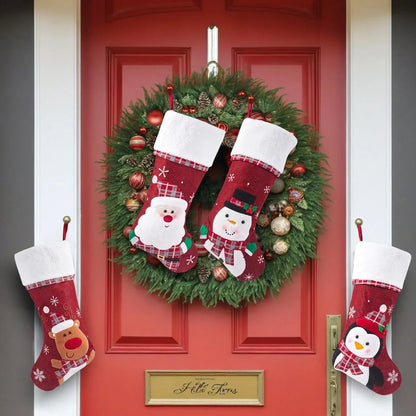 Christmas Stockings with Plush Cuff, Embroidered Snowflakes and Character Appliques