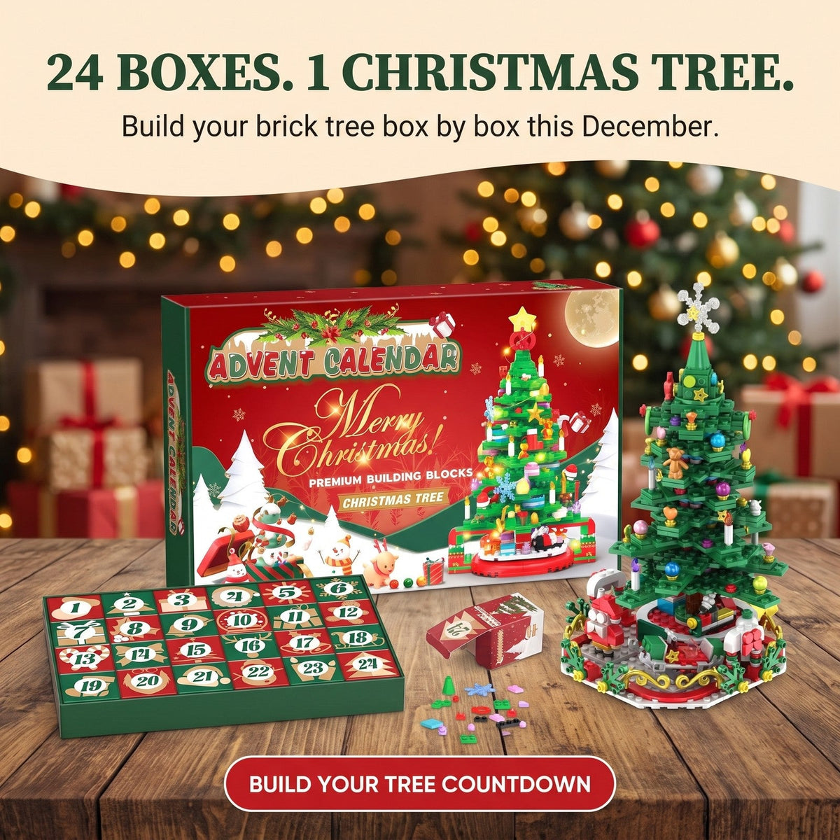 Christmas Tree Brick Advent Calendar, 24 Boxes, One Tree with String Lights