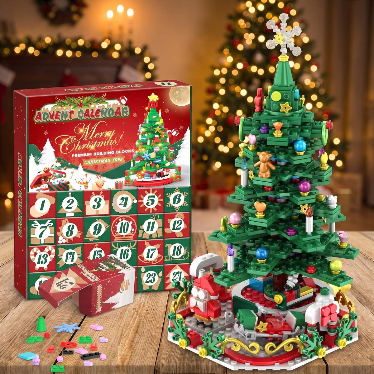 Christmas Tree Brick Advent Calendar, 24 Boxes, One Tree with String Lights