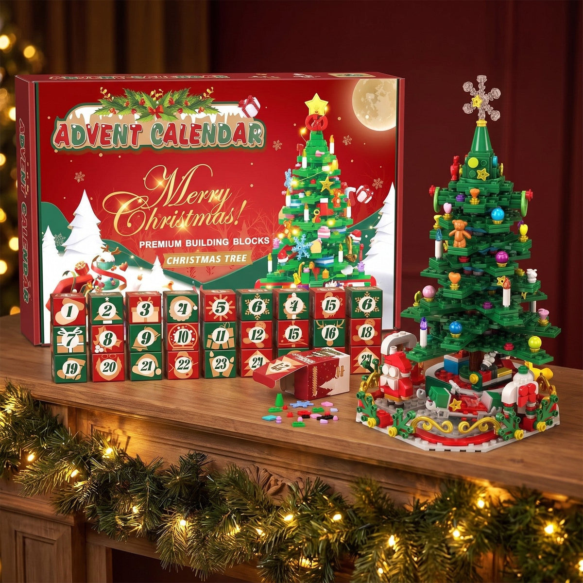 Christmas Tree Brick Advent Calendar, 24 Boxes, One Tree with String Lights