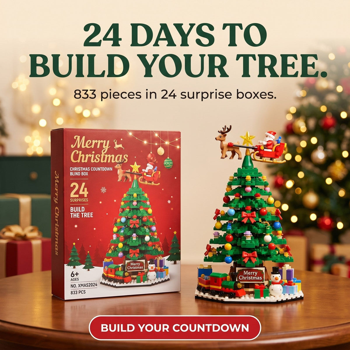 Christmas Tree Building Block Advent Calendar, 833 Pieces in 24 Blind Boxes