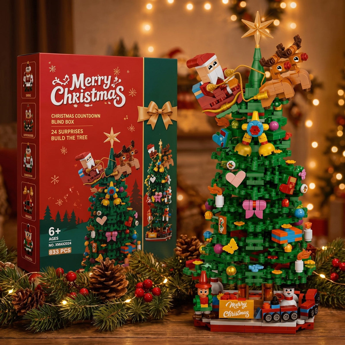 Christmas Tree Building Block Advent Calendar, 833 Pieces in 24 Blind Boxes