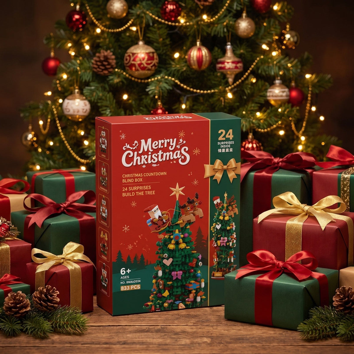 Christmas Tree Building Block Advent Calendar, 833 Pieces in 24 Blind Boxes