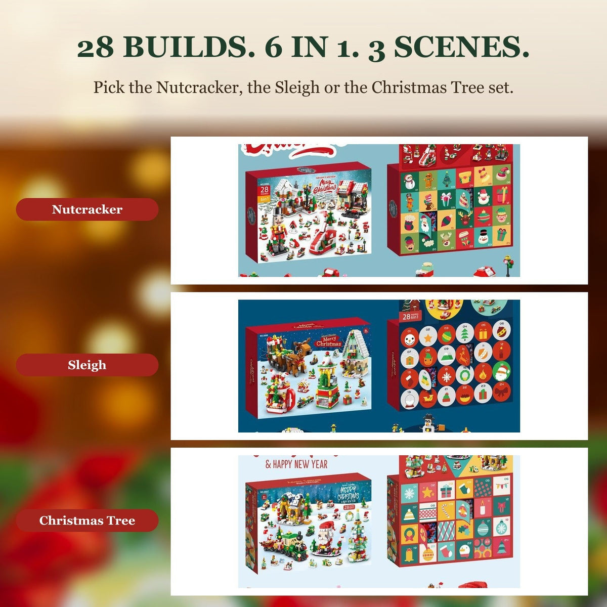Christmas Village Advent Calendar, 28 Brick Builds, 6 in 1, Three Designs