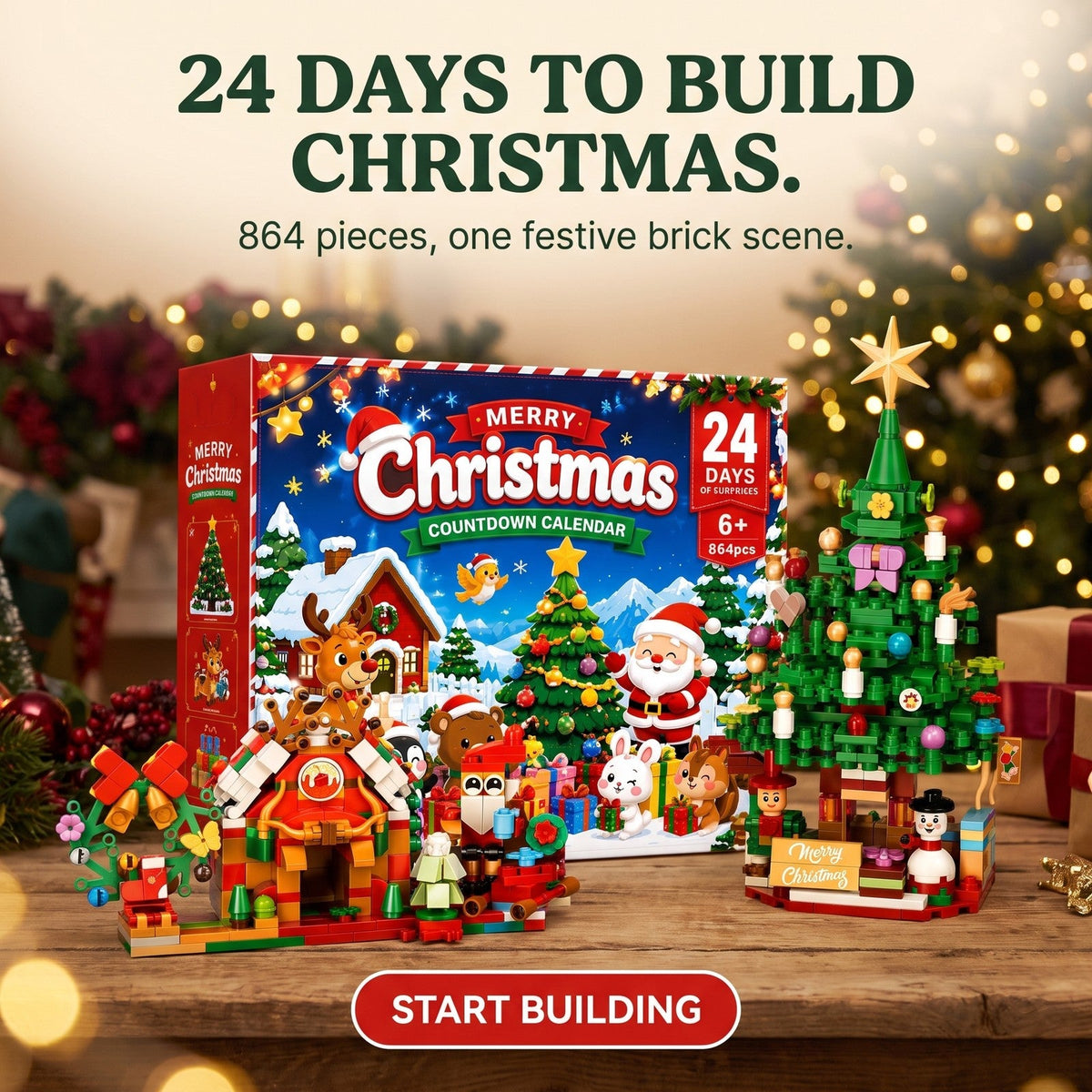 Christmas Village Building Block Advent Calendar, 864-Piece Festive Scene