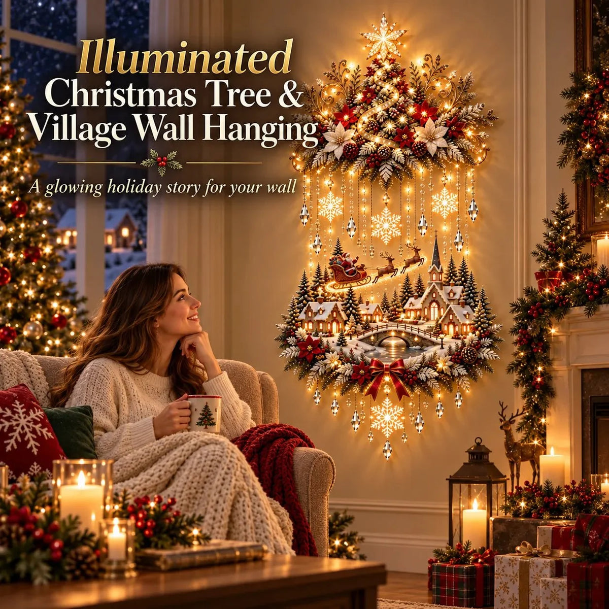 Christmas Wall Art - Illuminated Wall Hanging Tree with Warm LED Lights