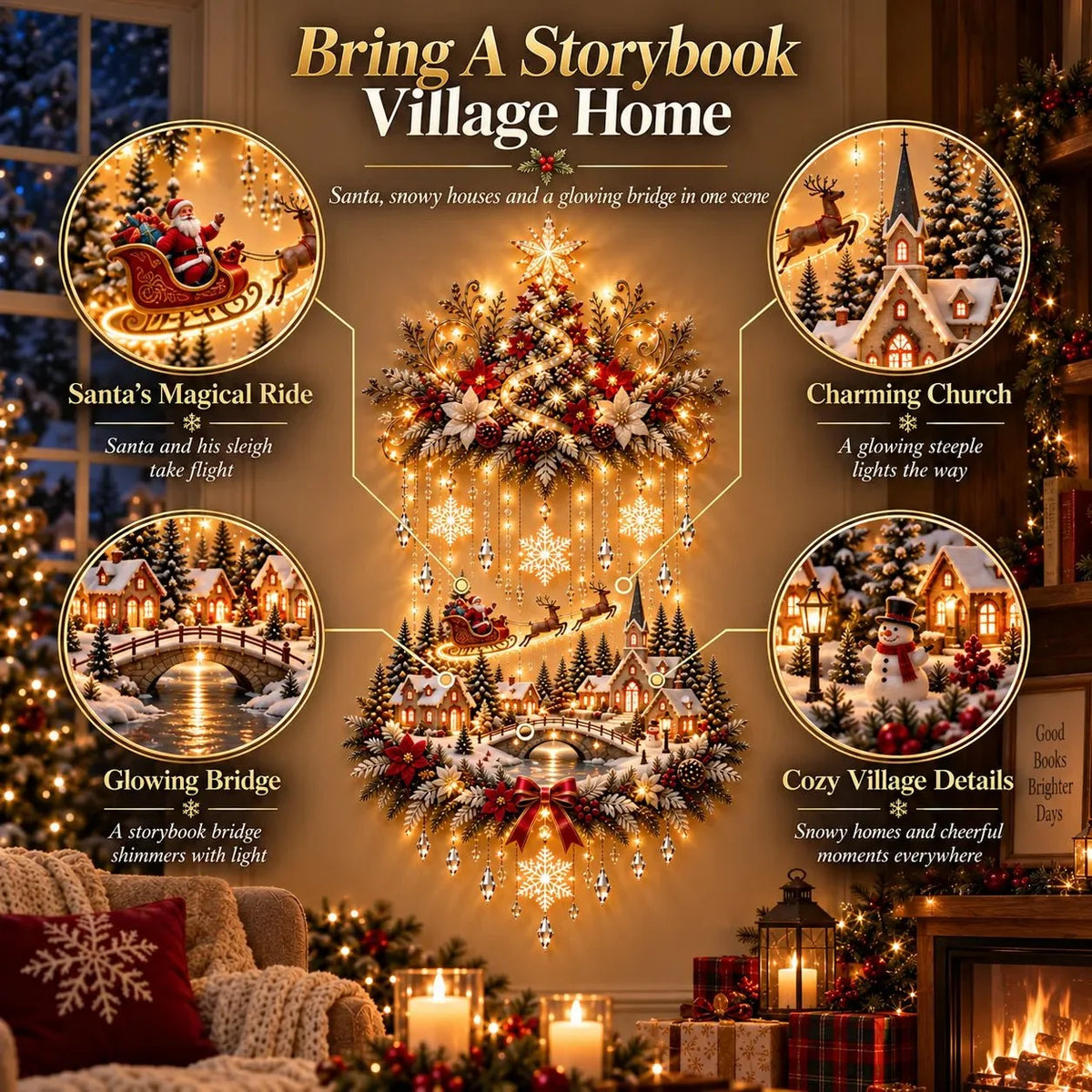 Christmas Wall Art - Illuminated Wall Hanging Tree with Warm LED Lights