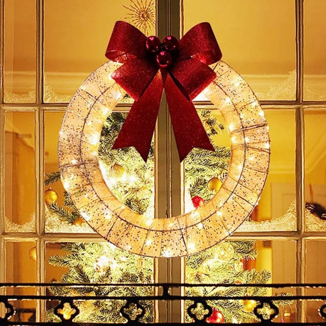Christmas Wreath - Gold and Green Decoration with LED Lights