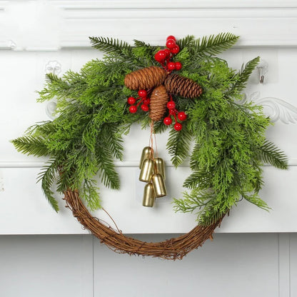 Christmas Wreath with Golden Bells, Pinecones and Artificial Evergreen on Grapevine Base