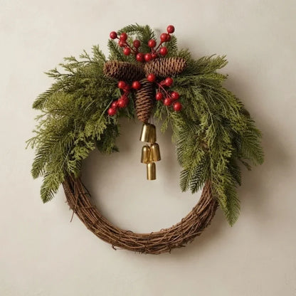 Christmas Wreath with Golden Bells, Pinecones and Artificial Evergreen on Grapevine Base