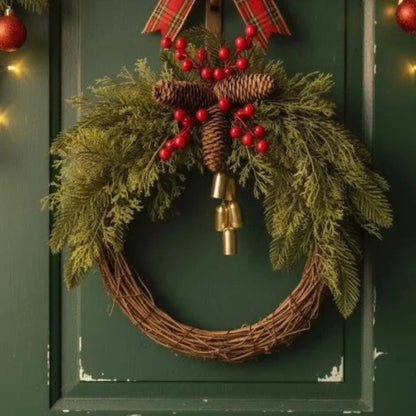 Christmas Wreath with Golden Bells, Pinecones and Artificial Evergreen on Grapevine Base