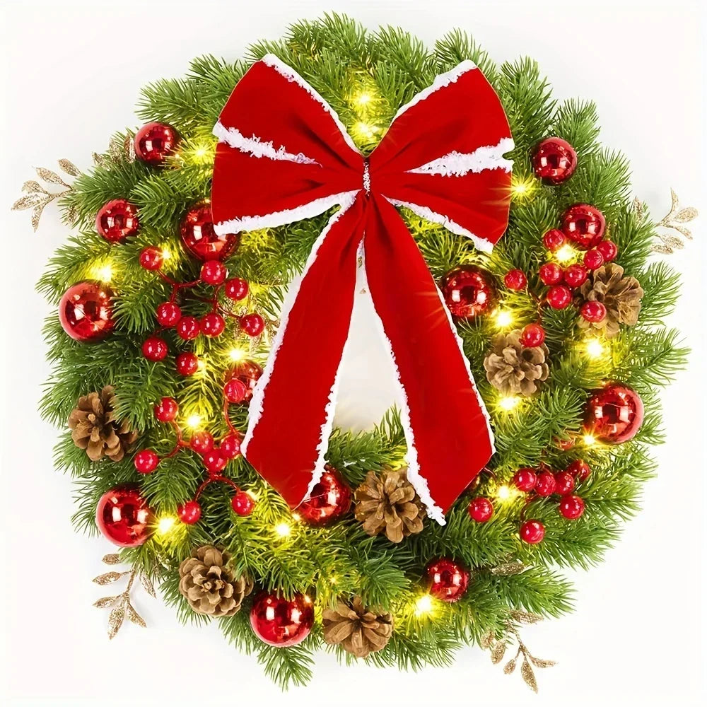 Christmas Wreath with Red Velvet Bow, Ornaments, and Fairy Lights - Holiday Door or Wall Hanging