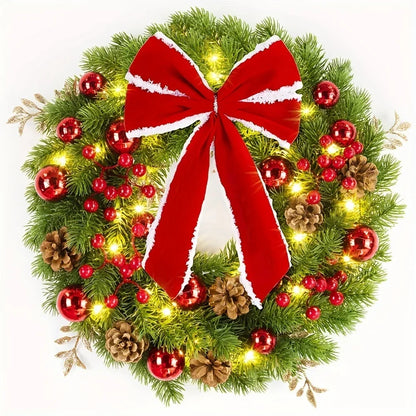 Christmas Wreath with Red Velvet Bow, Ornaments, and Fairy Lights - Holiday Door or Wall Hanging