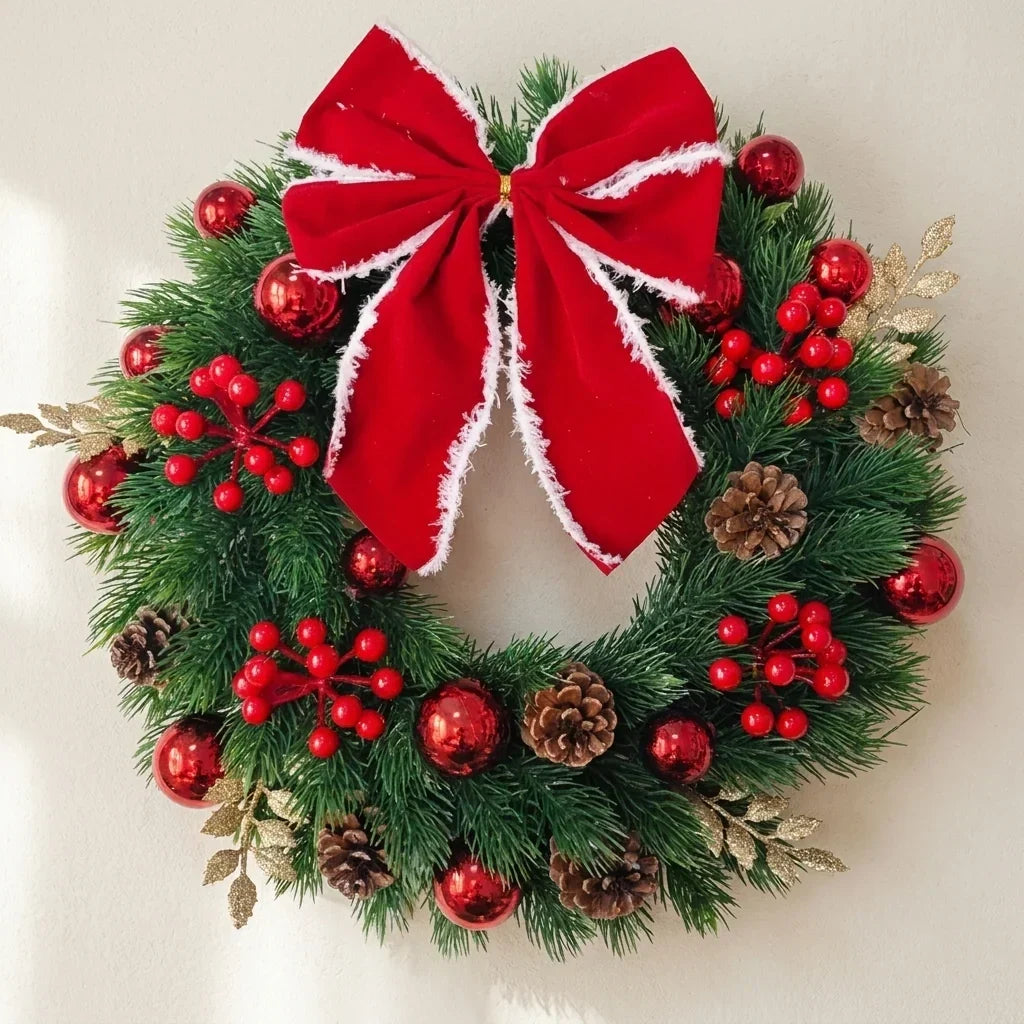 Christmas Wreath with Red Velvet Bow, Ornaments, and Fairy Lights - Holiday Door or Wall Hanging