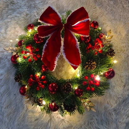 Christmas Wreath with Red Velvet Bow, Ornaments, and Fairy Lights - Holiday Door or Wall Hanging
