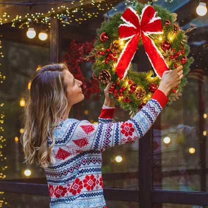Christmas Wreath with Red Velvet Bow, Ornaments, and Fairy Lights - Holiday Door or Wall Hanging