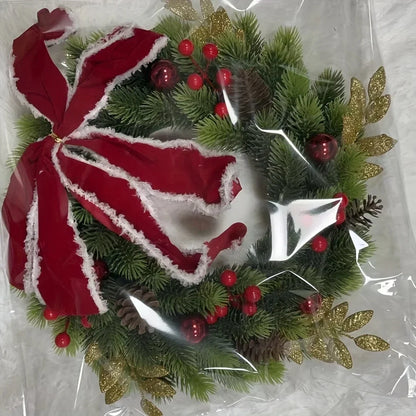 Christmas Wreath with Red Velvet Bow, Ornaments, and Fairy Lights - Holiday Door or Wall Hanging
