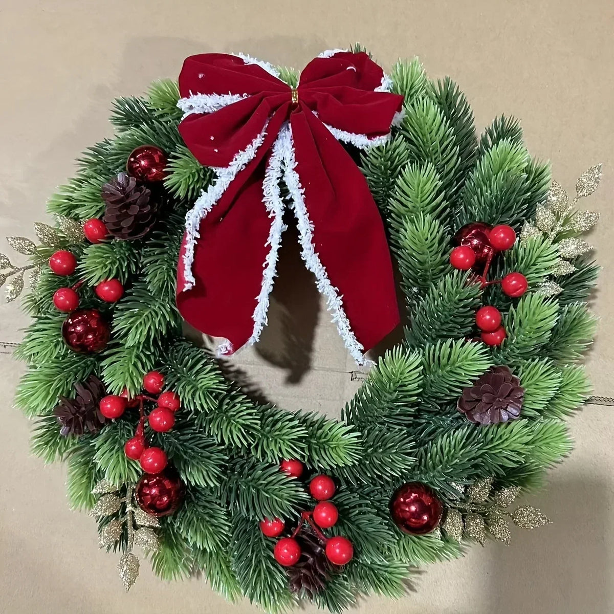 Christmas Wreath with Red Velvet Bow, Ornaments, and Fairy Lights - Holiday Door or Wall Hanging