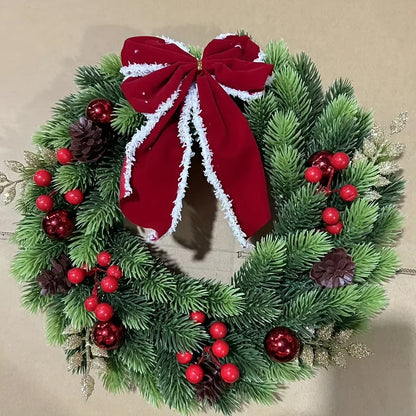Christmas Wreath with Red Velvet Bow, Ornaments, and Fairy Lights - Holiday Door or Wall Hanging